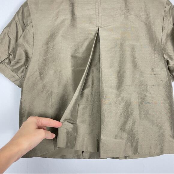Magaschoni Collection | Taupe Brown Short Puff Sleeve Snap Button Cropped Jacket - Picture 6 of 9